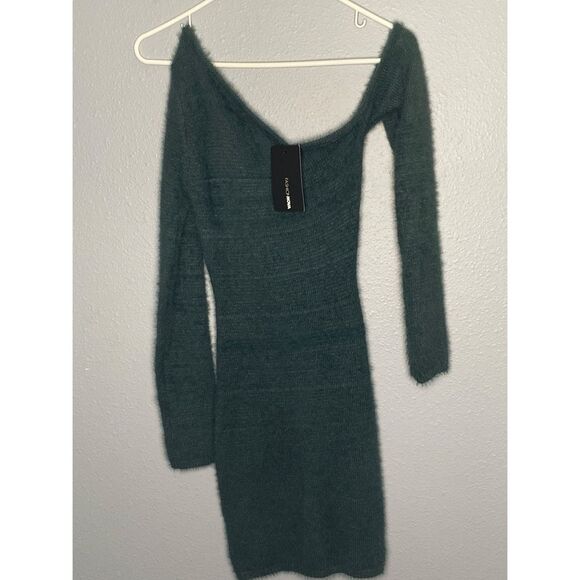 NWT New Fashion Nova Fuzzy Feels Green One Shoulder Dress Size XS - Picture 2 of 11